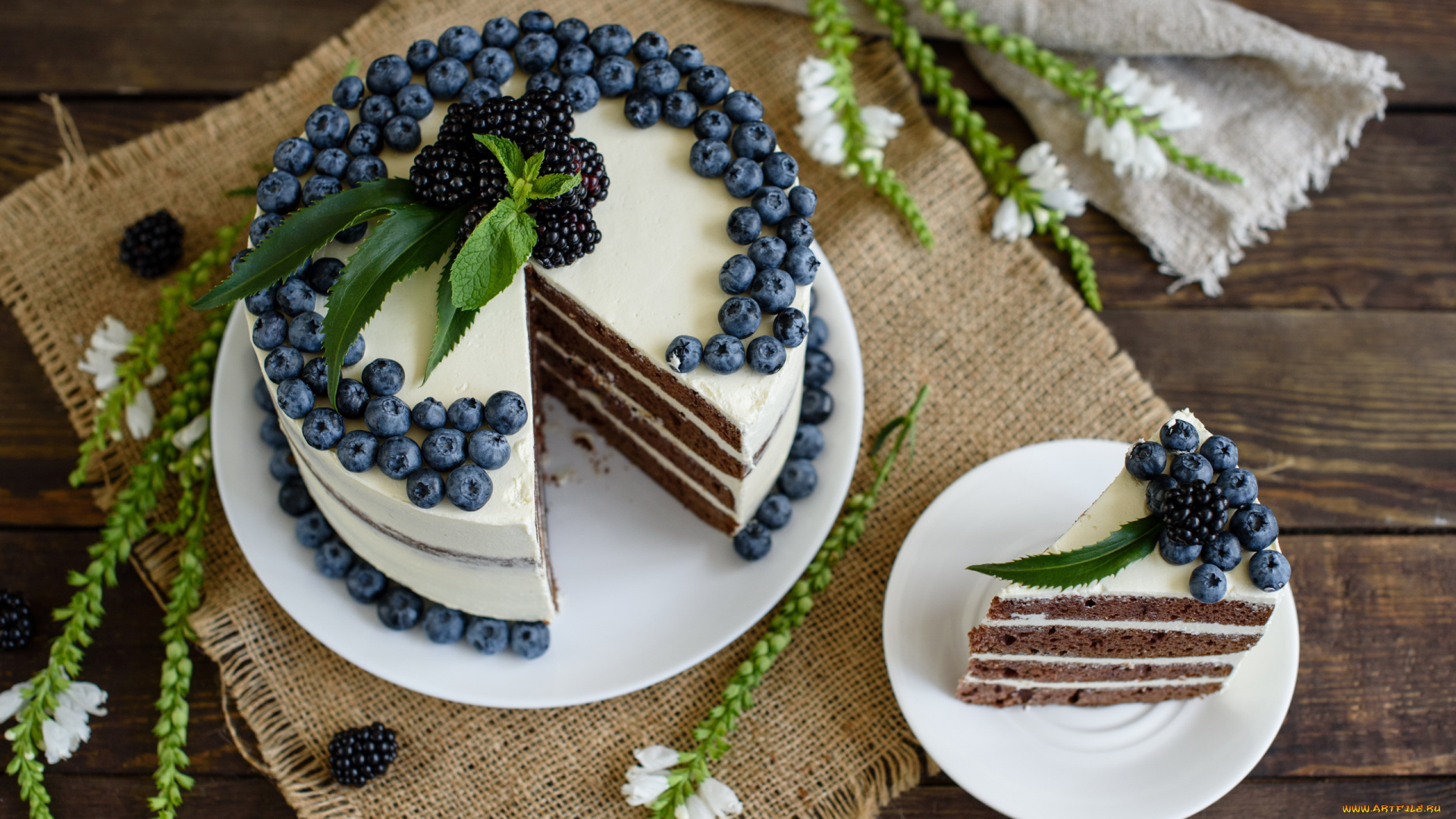 еда, торты, мята, торт, черника, ежевика