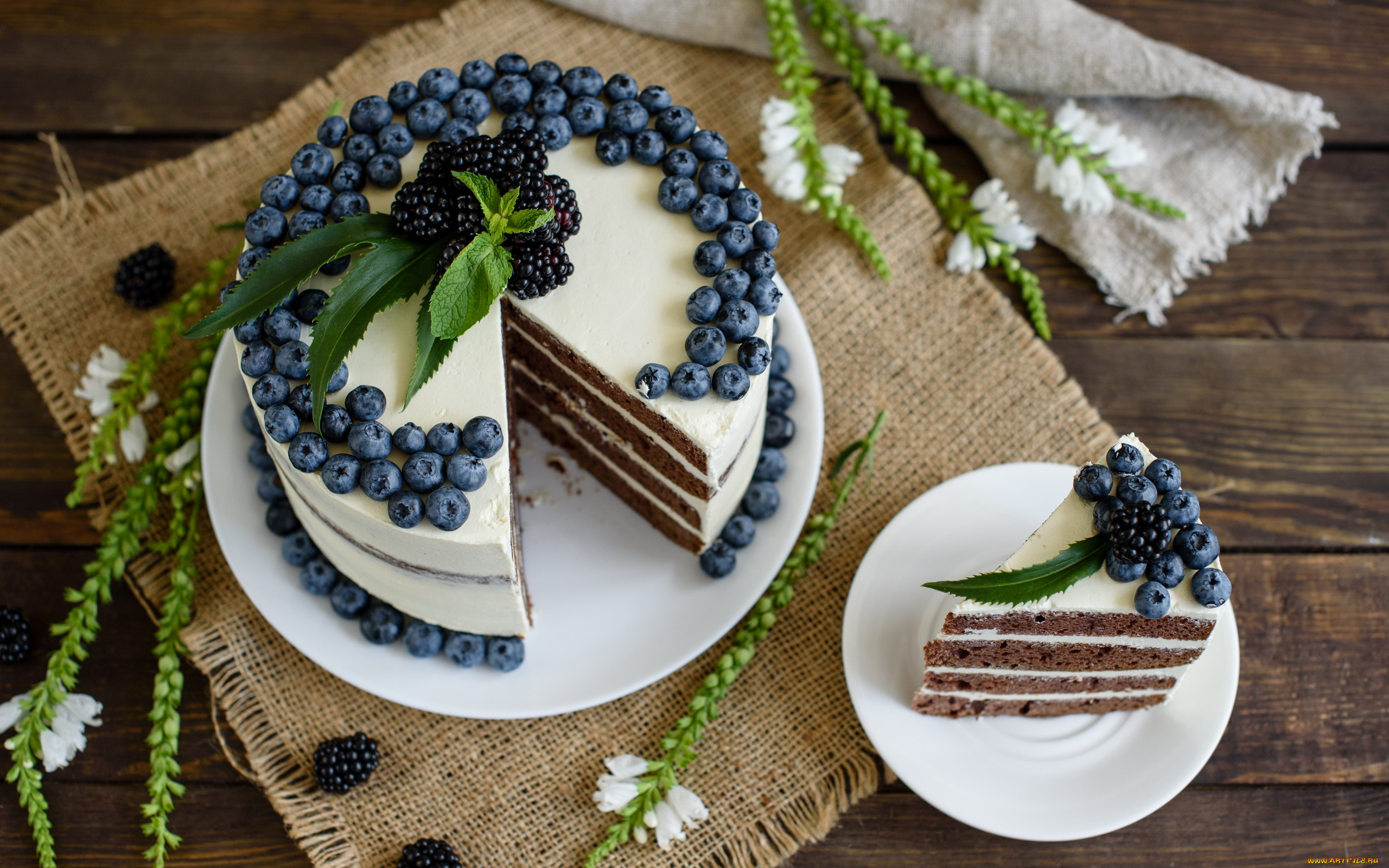 еда, торты, мята, торт, черника, ежевика