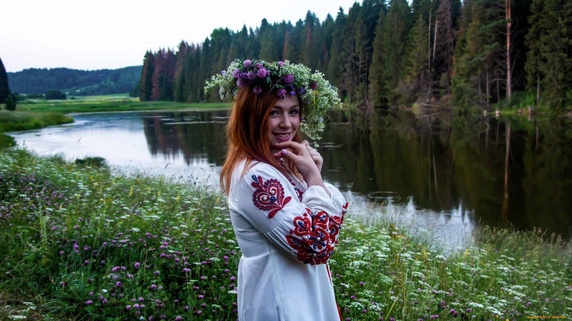 девушки, юлия, огородникова, образ, рыжая, венок, река, лес, луга