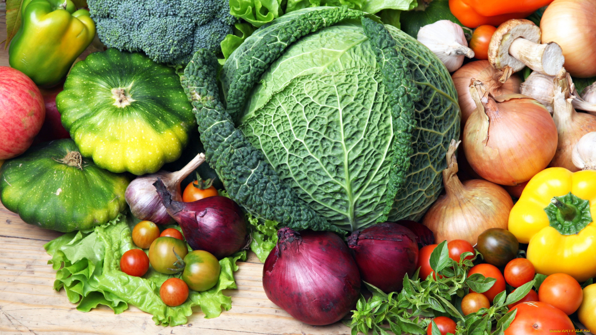 еда, овощи, капуста, савойская, лук, перец, патиссоны, помидоры