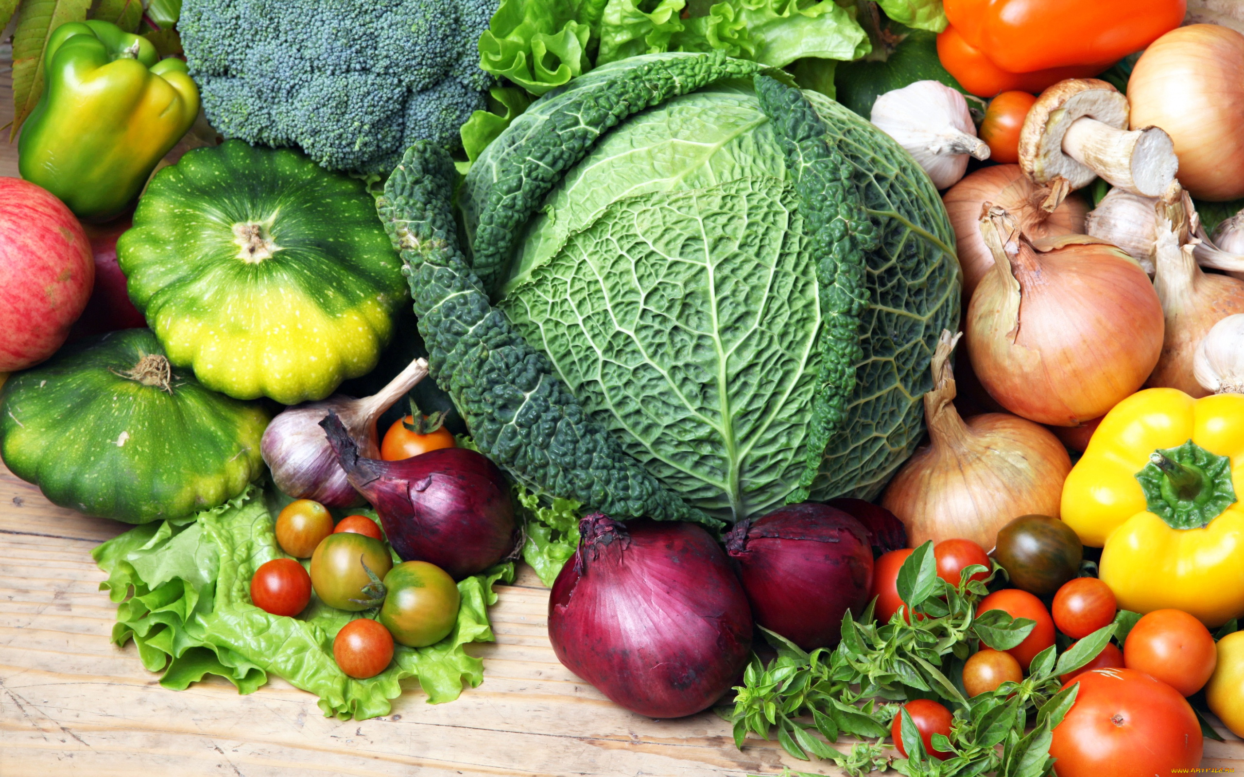 еда, овощи, капуста, савойская, лук, перец, патиссоны, помидоры