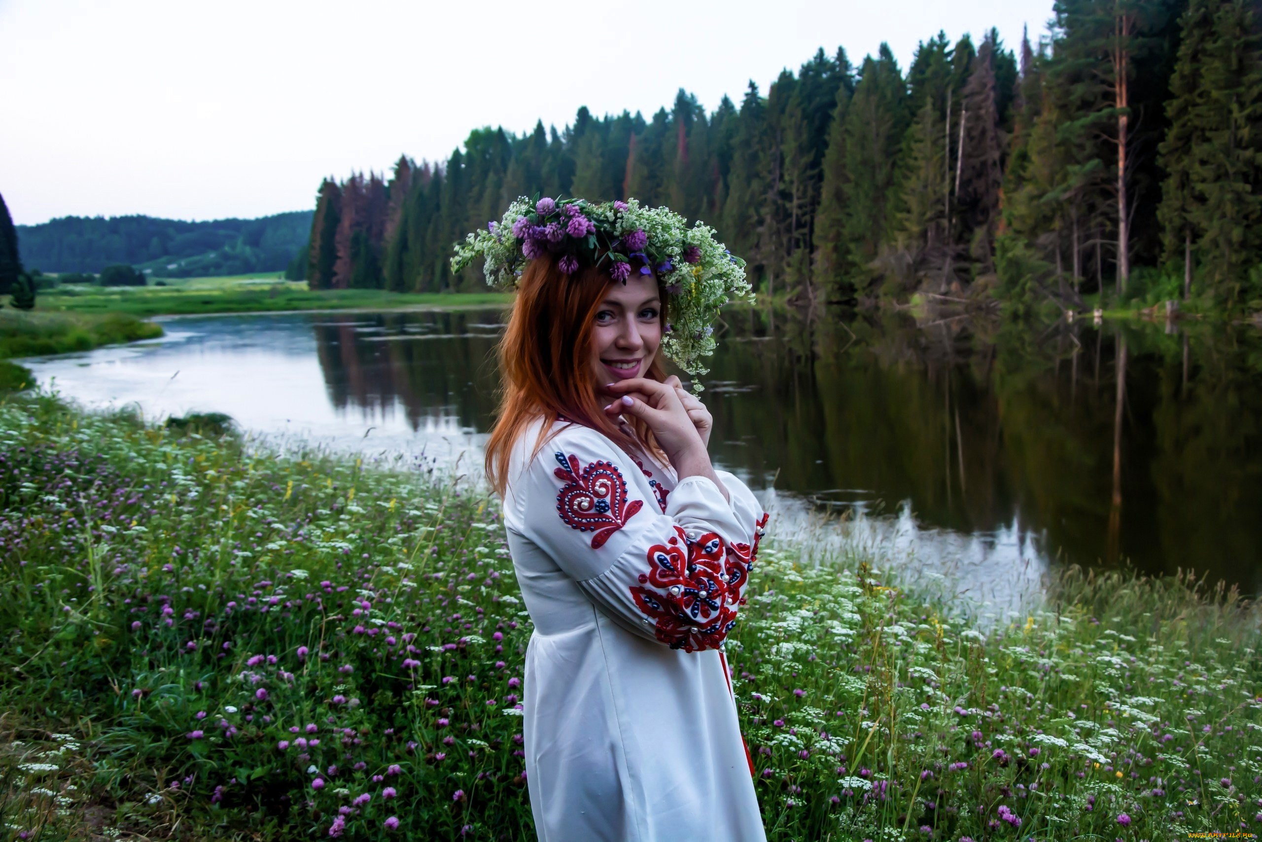 девушки, юлия, огородникова, образ, рыжая, венок, река, лес, луга