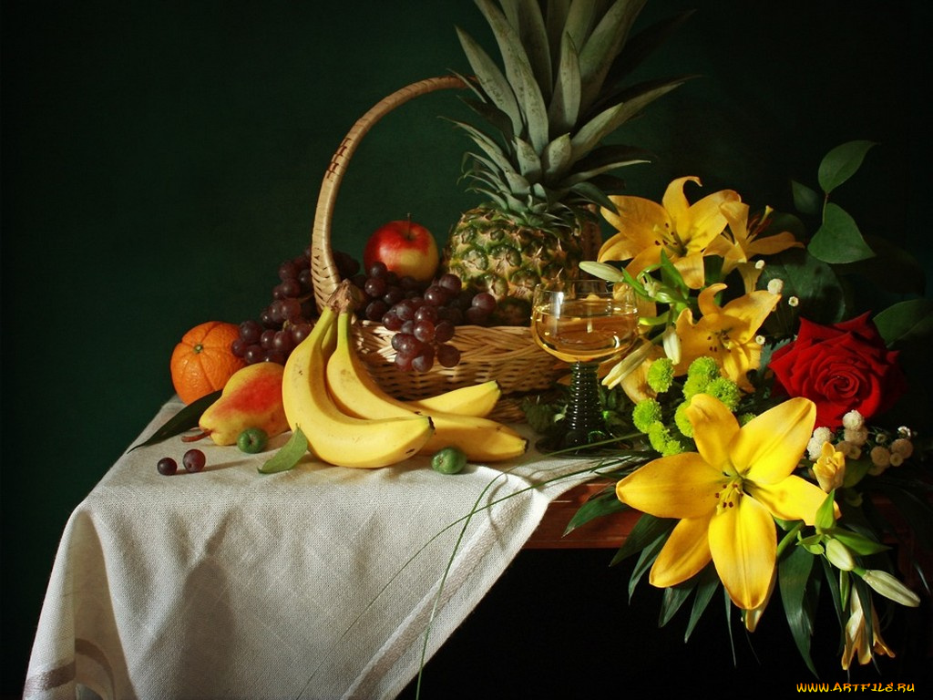 надежда, былкова, натюрморт, ананасом, желтыми, лилиями, еда