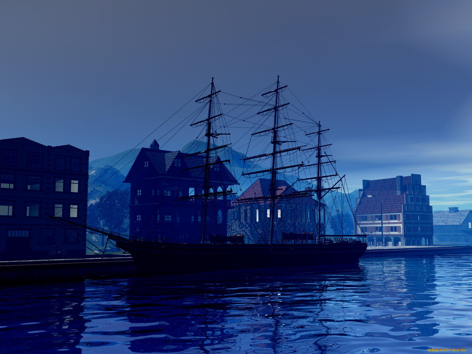 3д, графика, sea, undersea, море, дома, парусник, причал