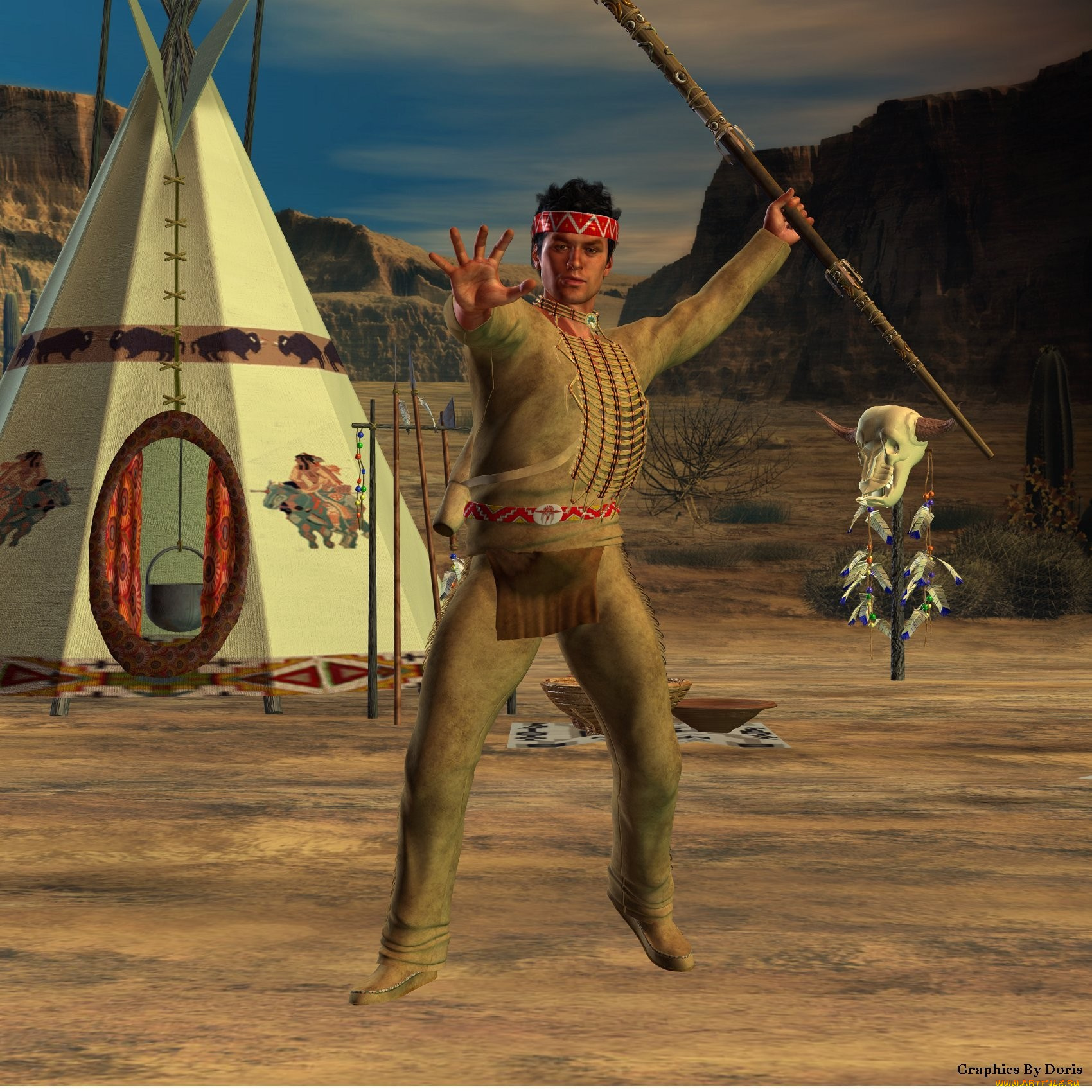 3д, графика, people, люди, индеец, горы, череп