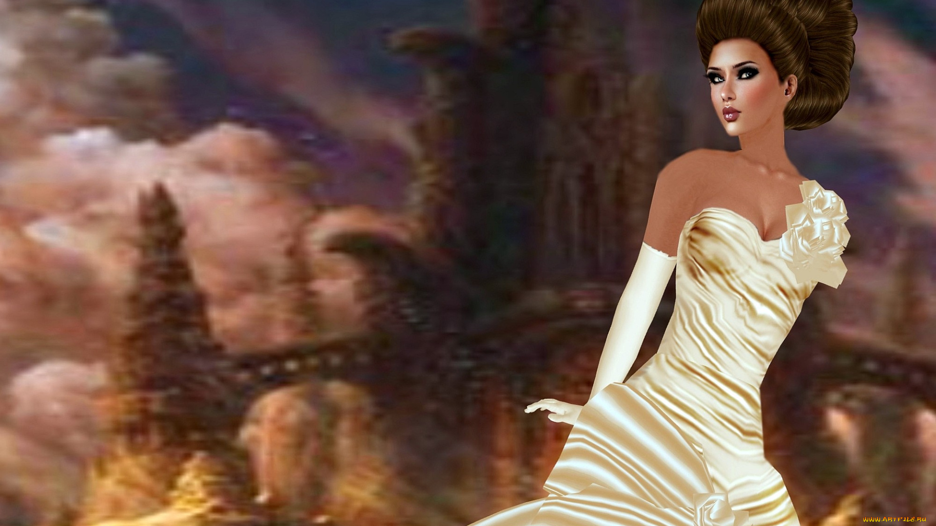 3д, графика, people, люди, платье, прическа, пейзаж, девушка