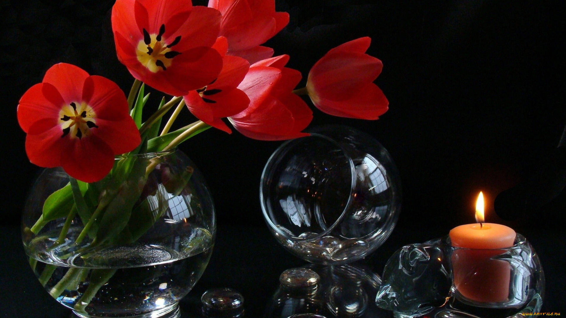 цветы, тюльпаны, ваза, бокал, свеча