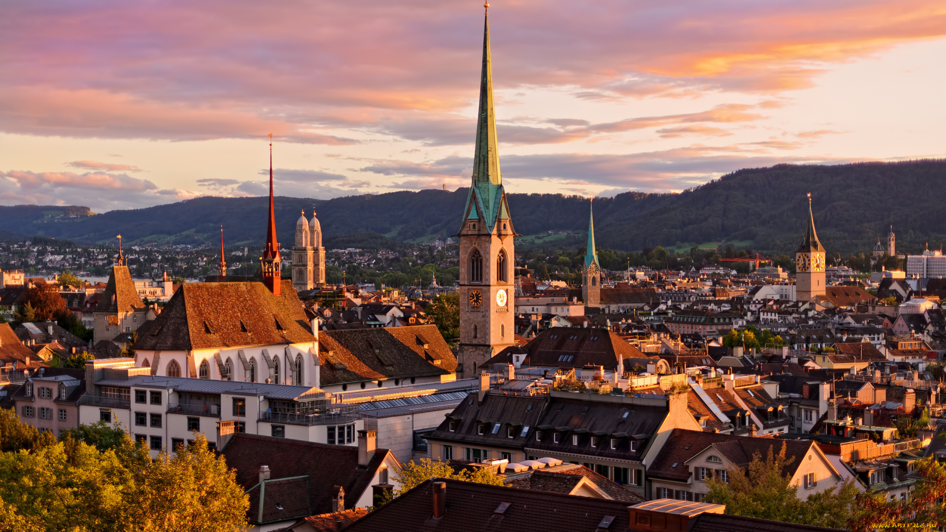 цюрих, города, швейцария, закат