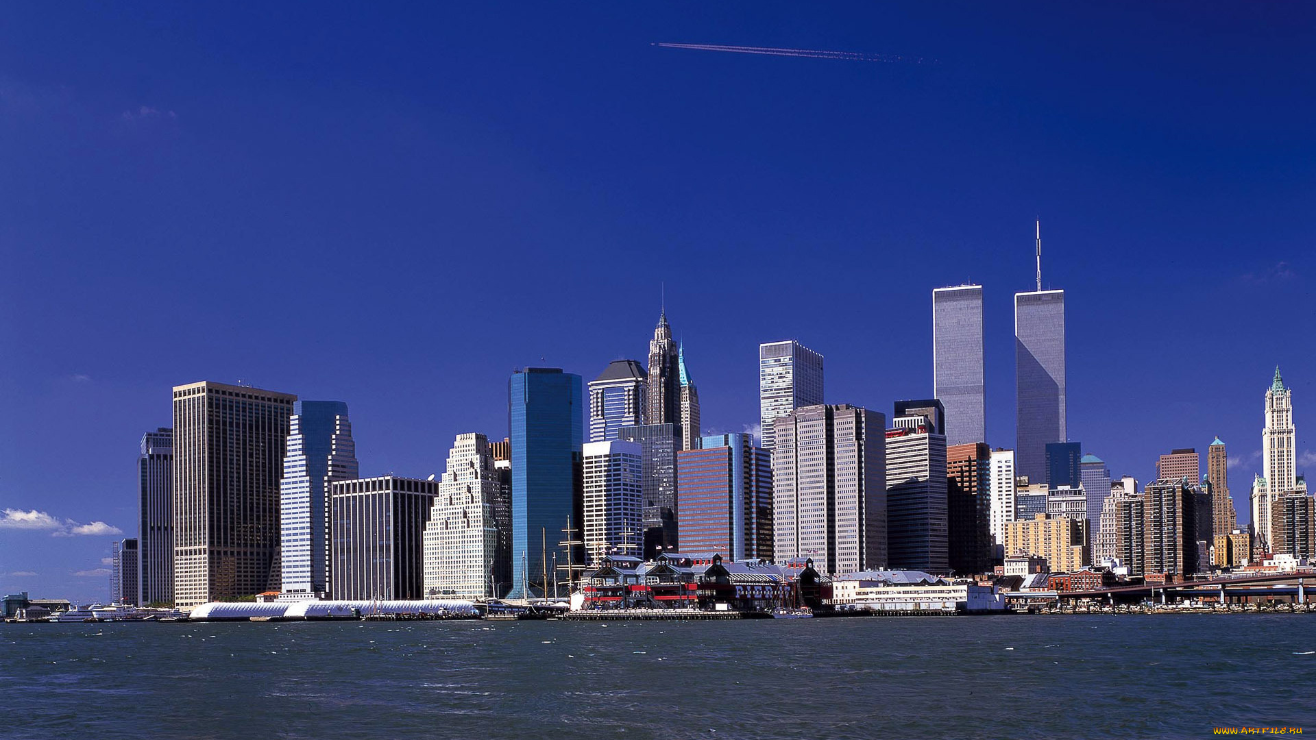 города, нью, йорк, сша, город, река, башни-близнецы, нью-йорк, небоскребы