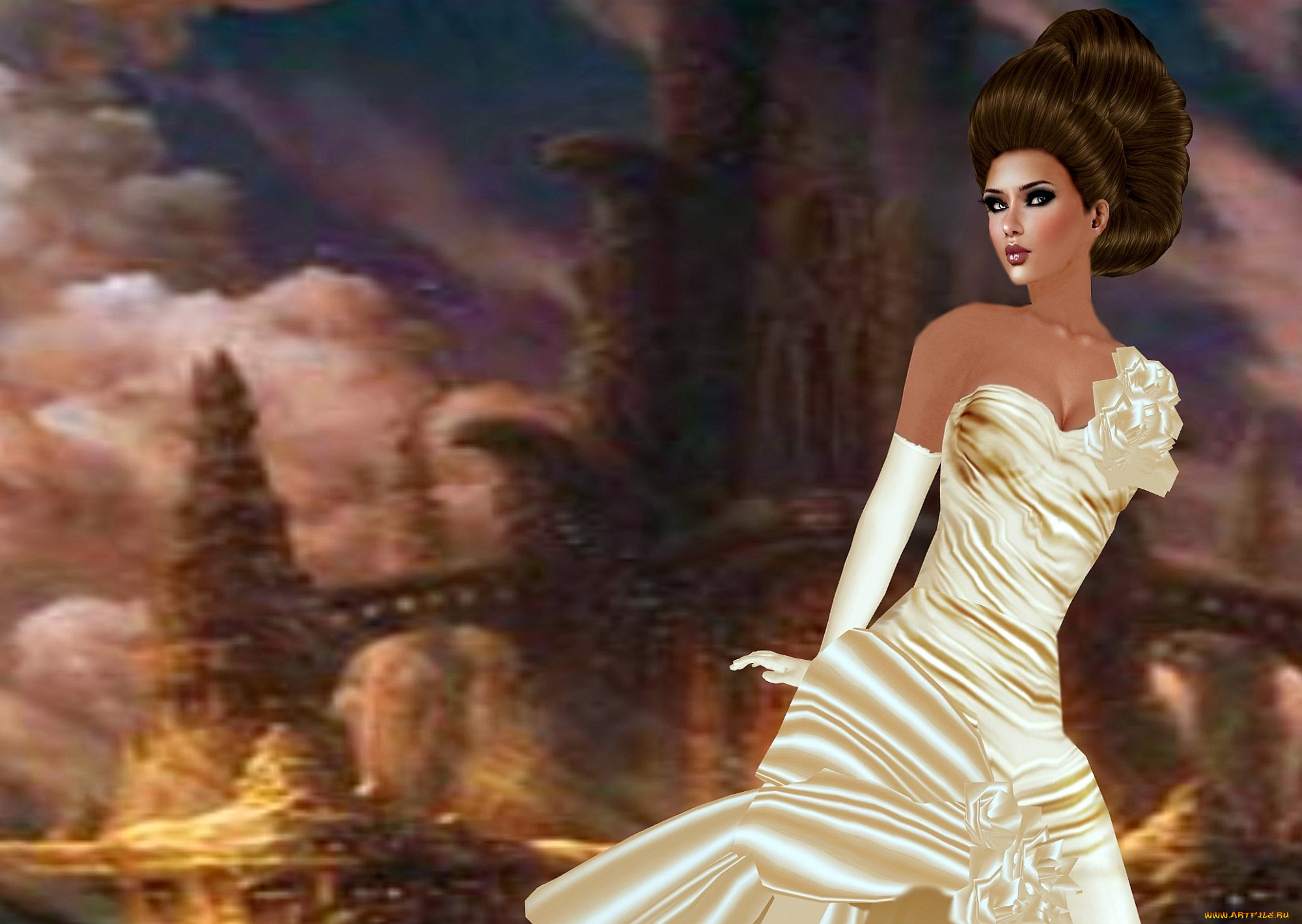 3д, графика, people, люди, платье, прическа, пейзаж, девушка