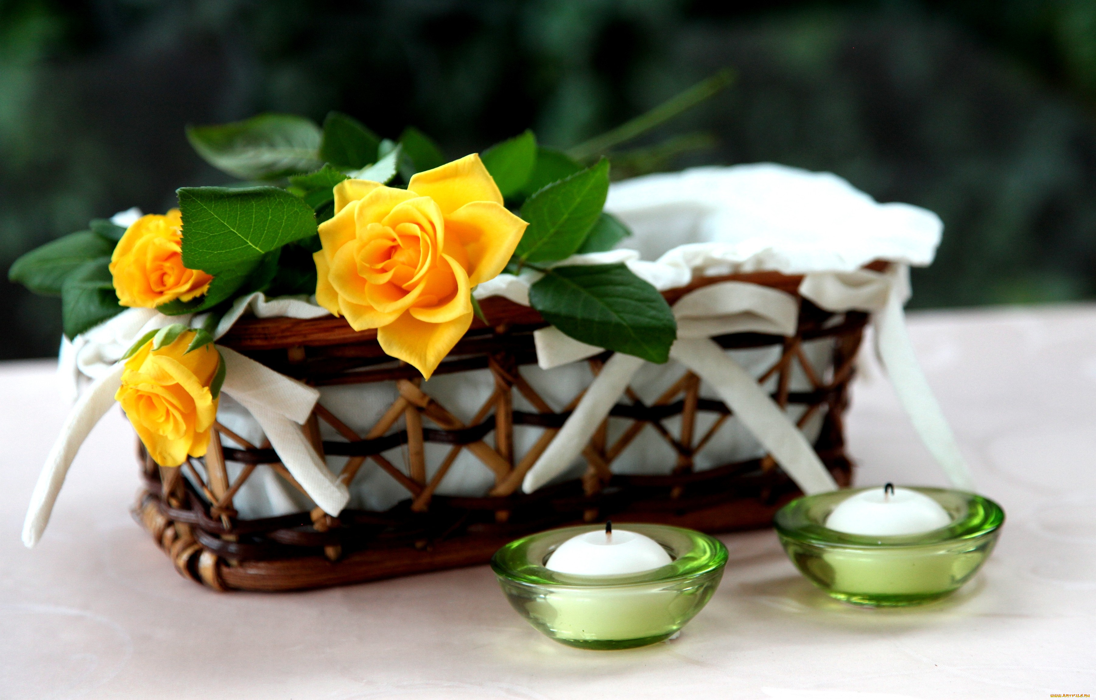 цветы, розы, свечи, роза, корзинка