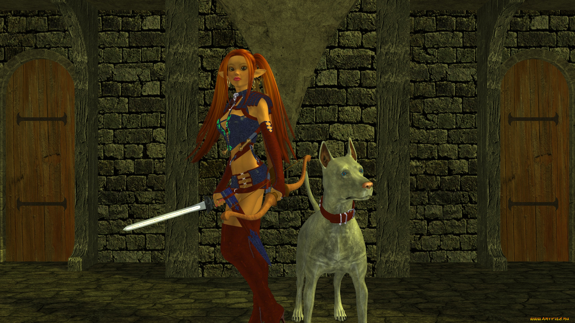 3д, графика, elves, эльфы, эльфийка, собака