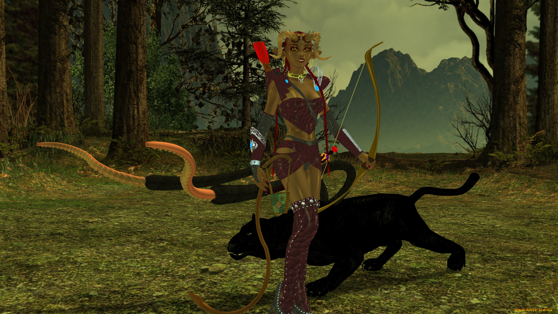 3д, графика, elves, эльфы, эльфийка, ягуар, лук