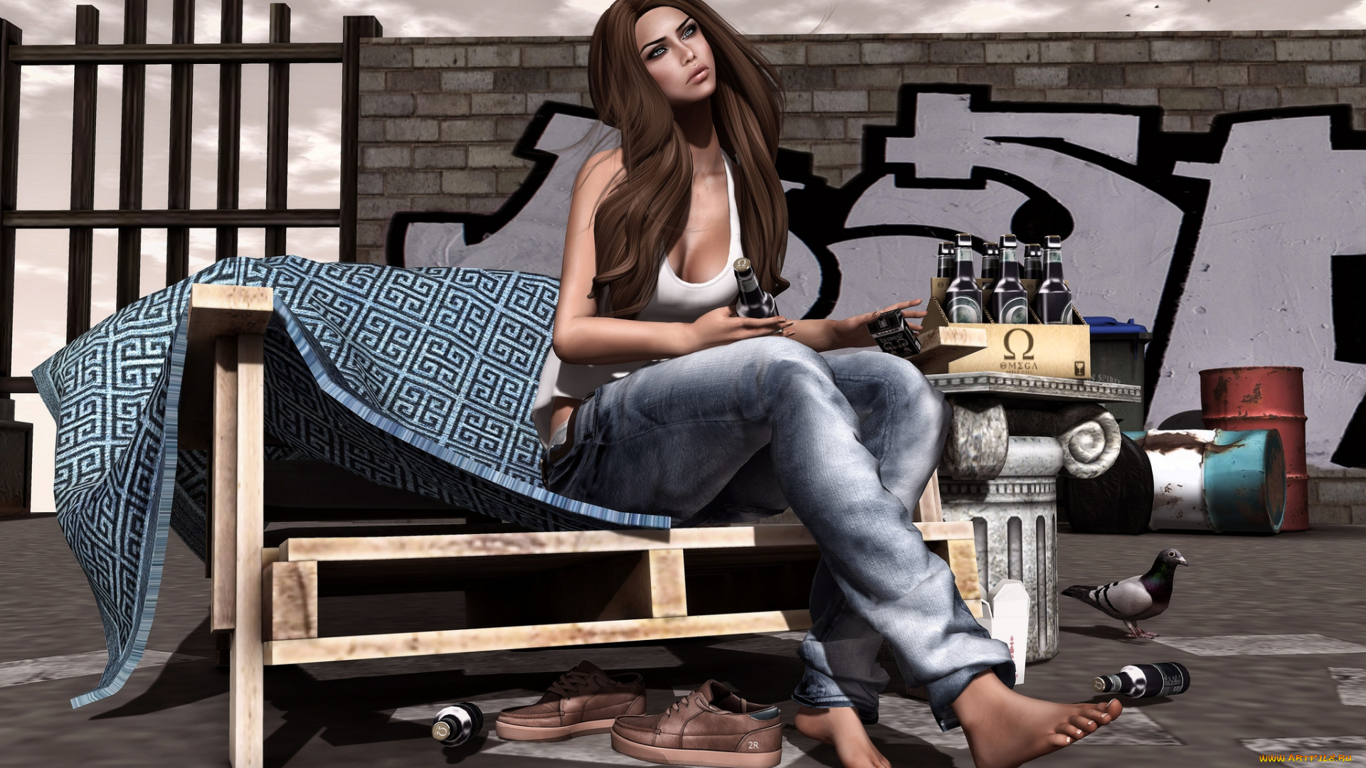 3д, графика, people, люди, девушка, бутылки, одеяло