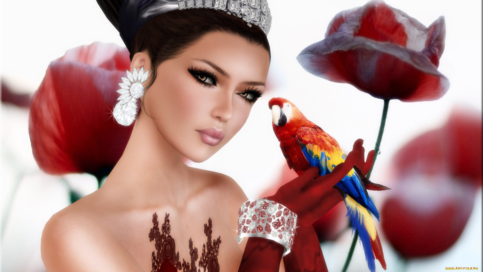 3д, графика, portraits, портрет, цветы, попугай, диадема