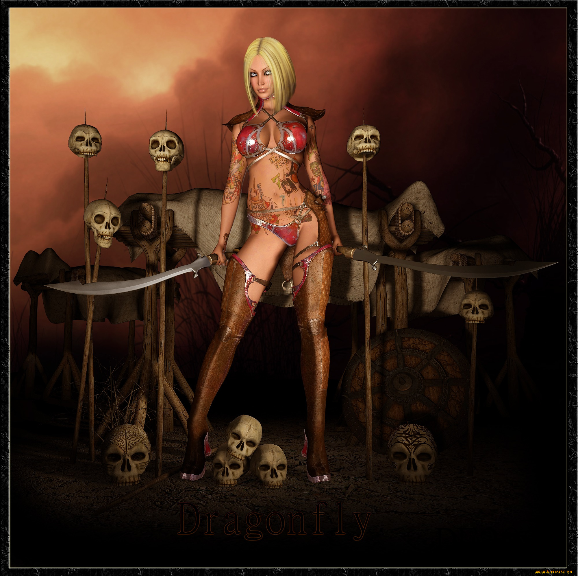 3д, графика, fractal, фракталы, черепа, девушка, мечи