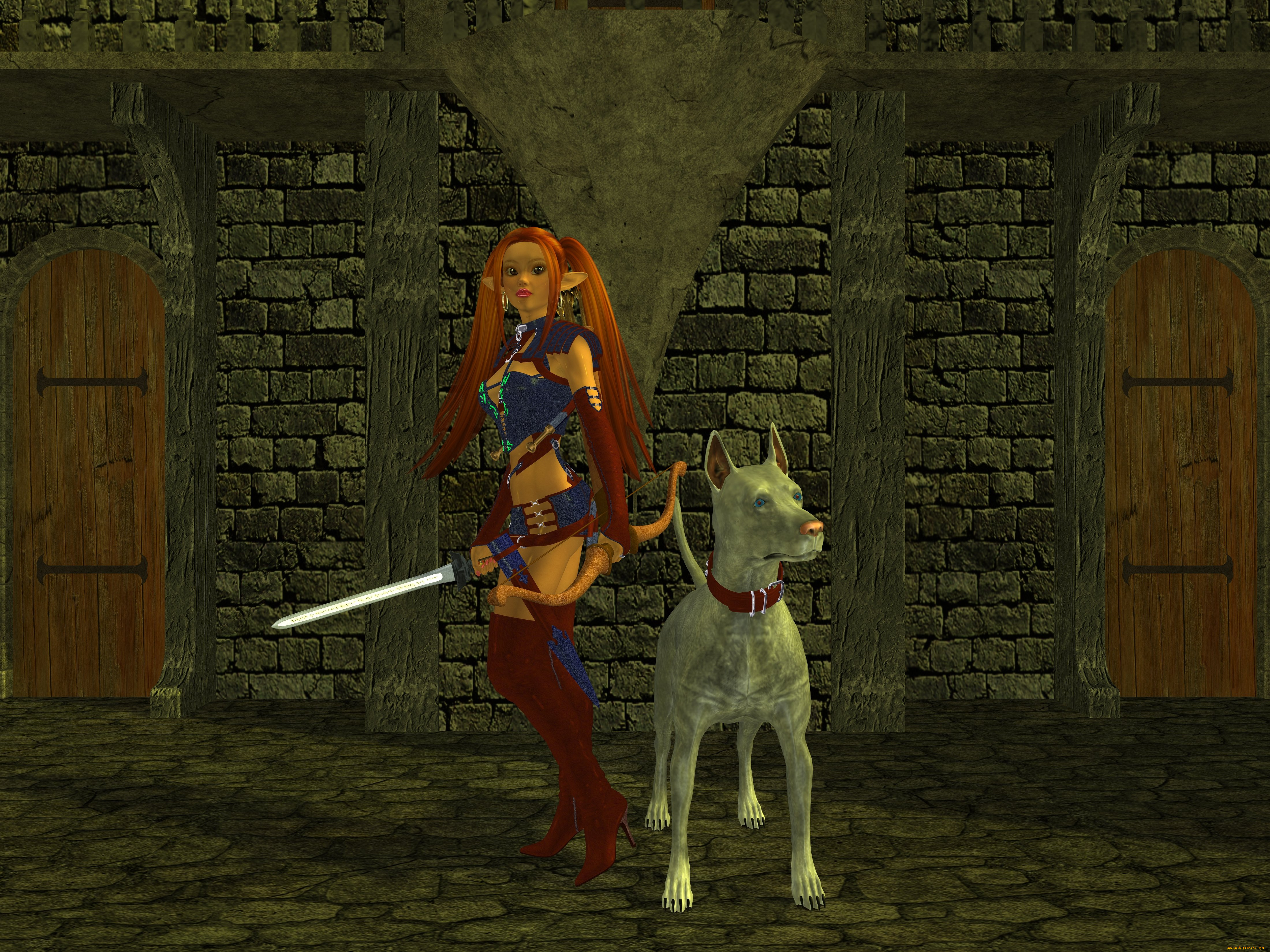 3д, графика, elves, эльфы, эльфийка, собака