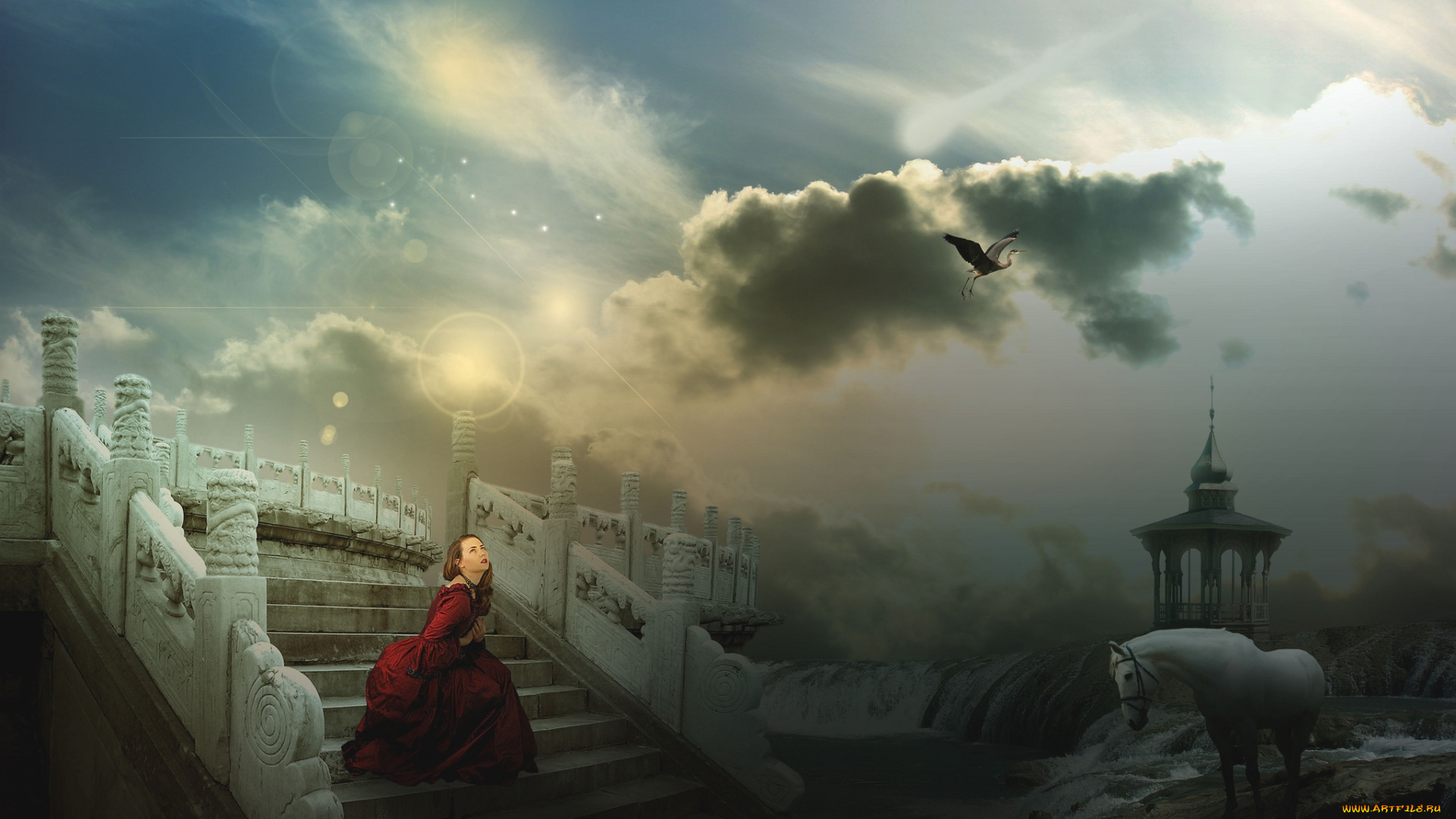 фэнтези, фотоарт, цапля, конь, девушка