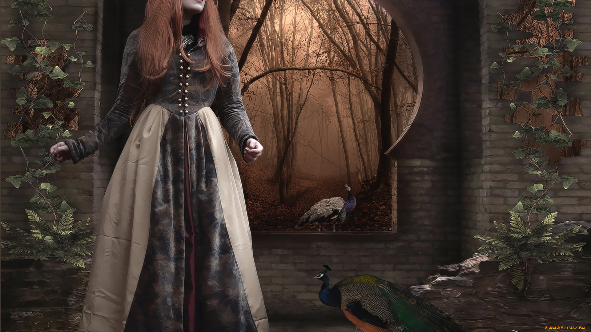 фэнтези, фотоарт, павлины, девушка