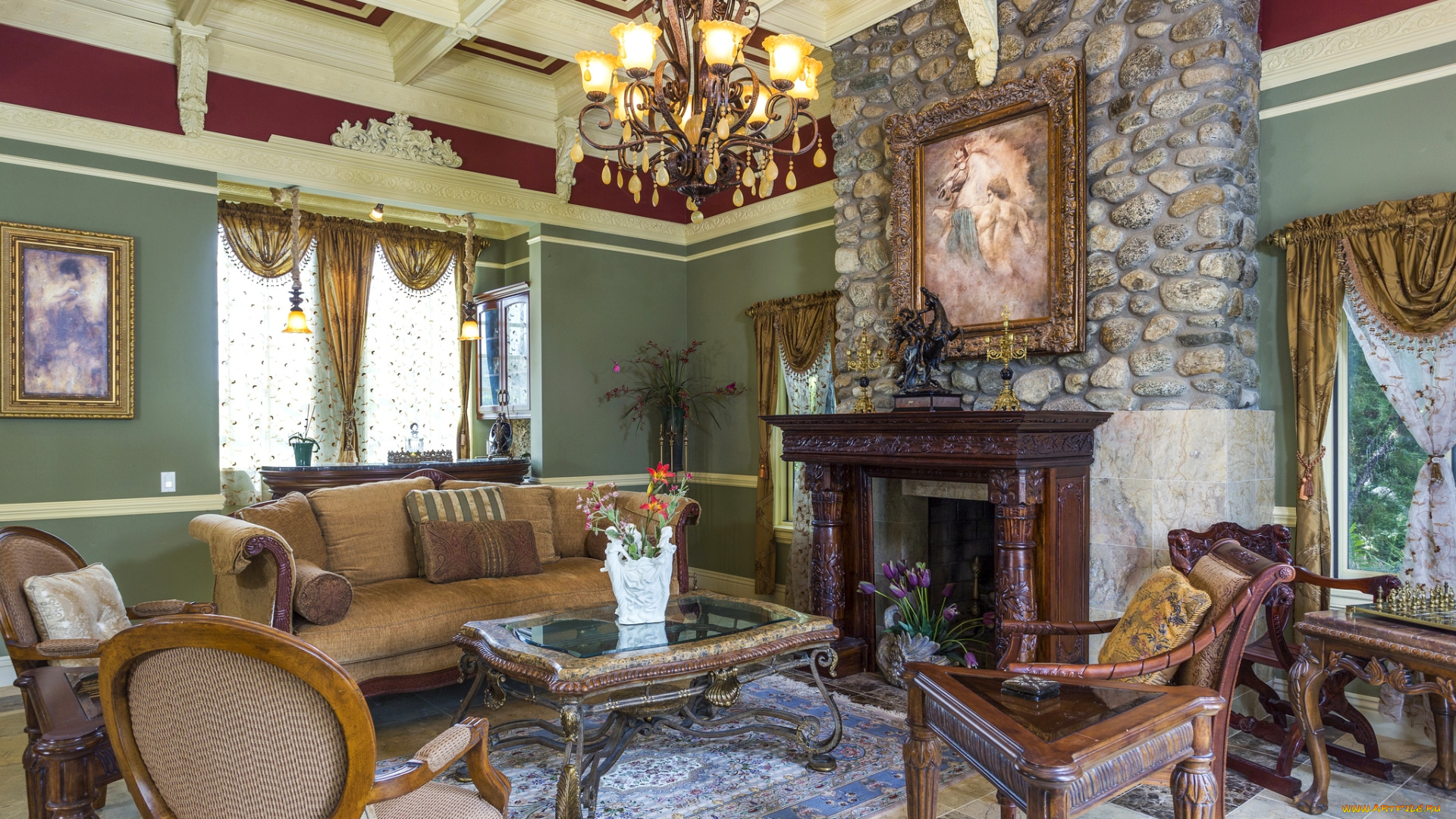 интерьер, гостиная, камин, убранство