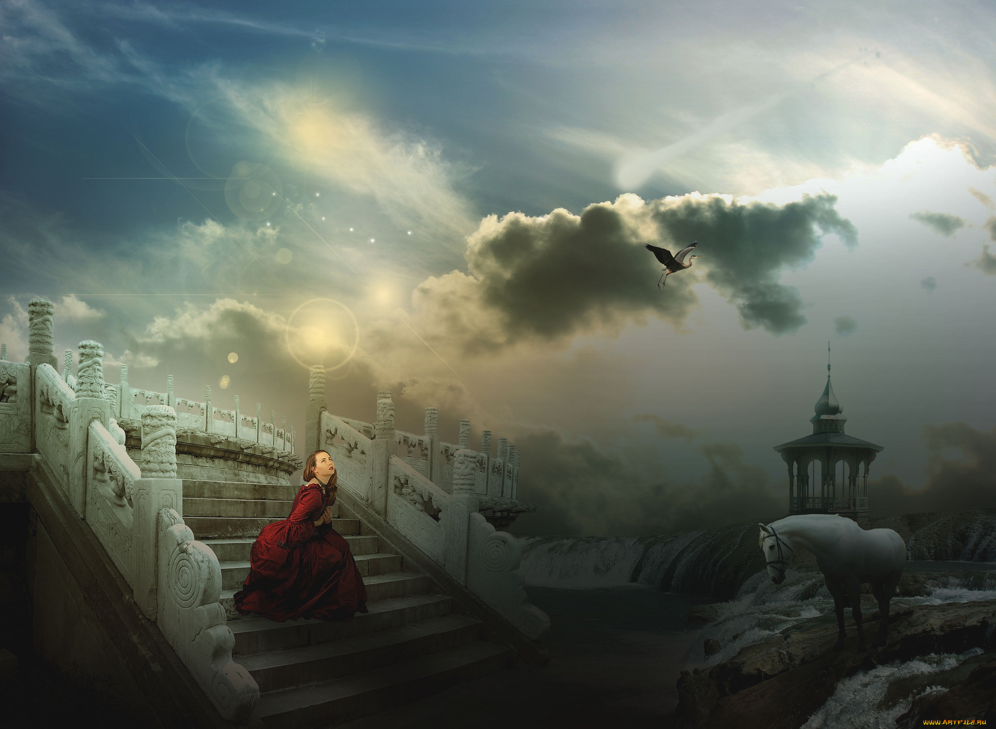 фэнтези, фотоарт, цапля, конь, девушка