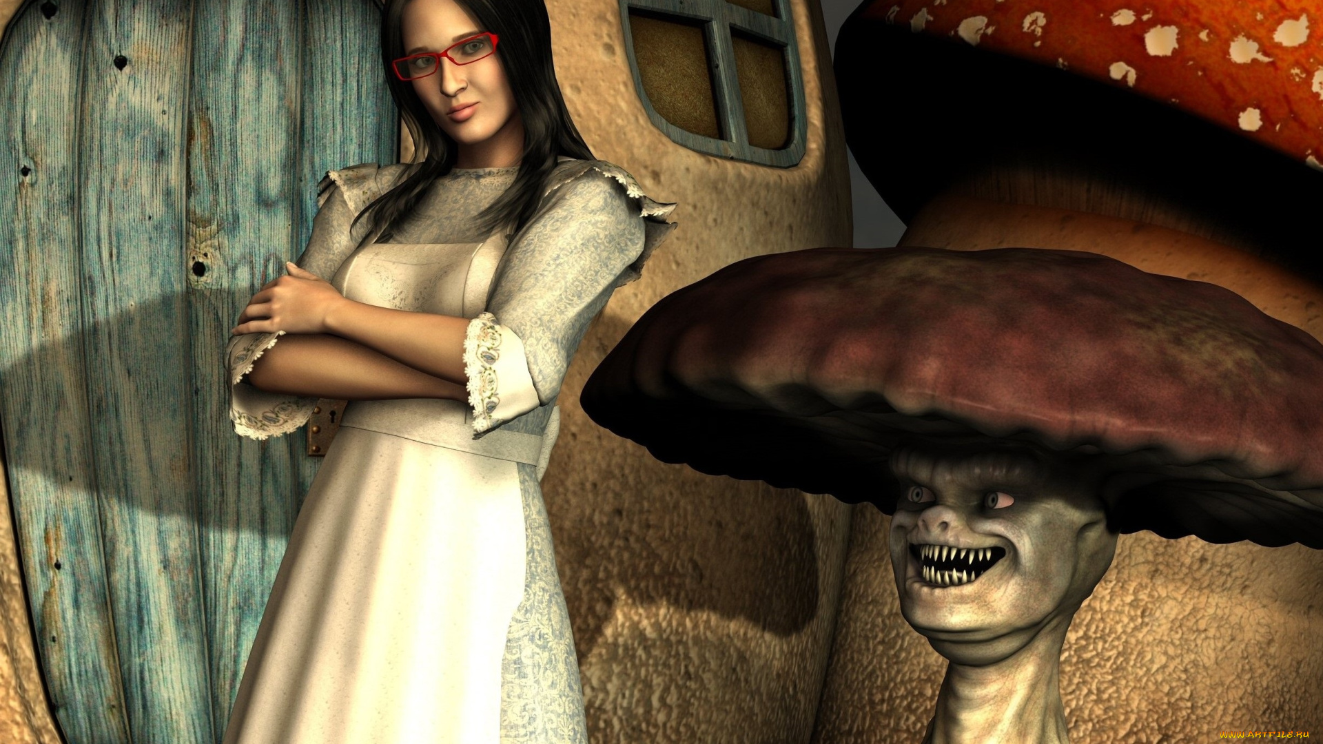 3д, графика, фантазия, , fantasy, гриб, очки, фон, взгляд, девушка