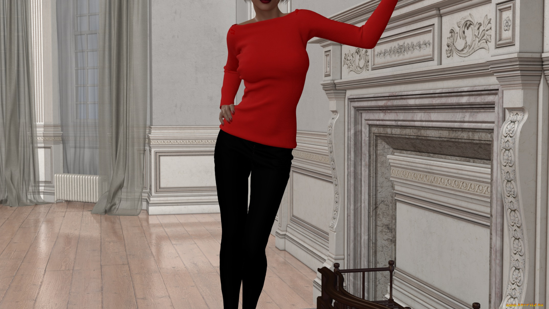 3д, графика, люди, , people, интерьер, камин, фон, взгляд, девушка