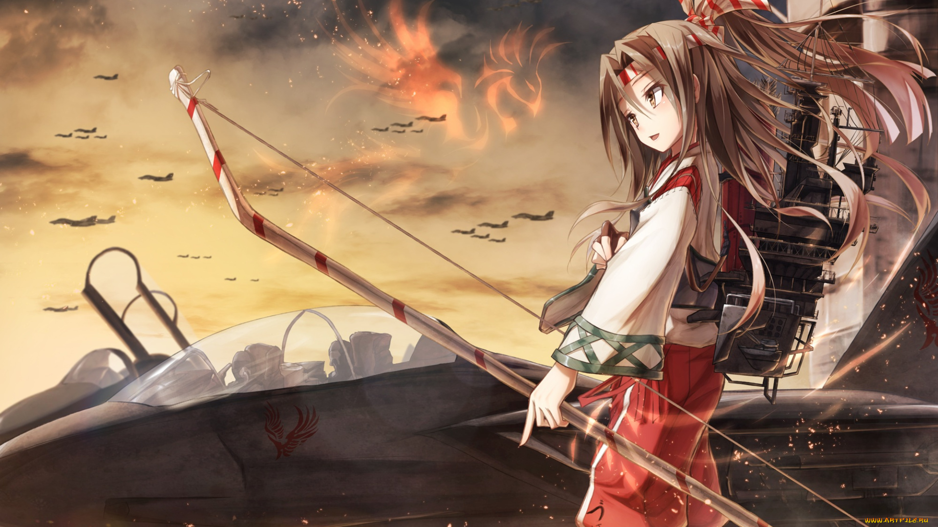 аниме, kantai, collection, kantai, collection, лук, оружие, облака, закат, небо, девушка, арт, boyogo, kancolle, zuihou