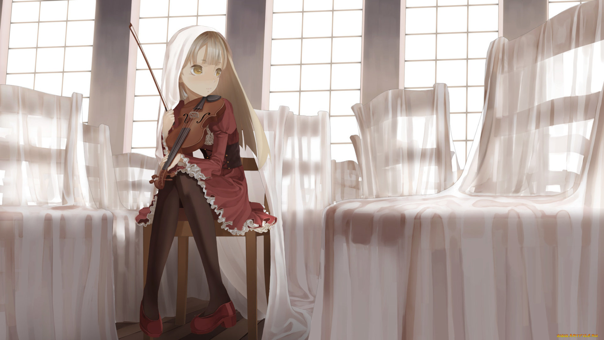 аниме, музыка, зал, музыкальный, инструмент, скрипка, девушка, throtem, арт, вуаль, накидка, стулья, окна