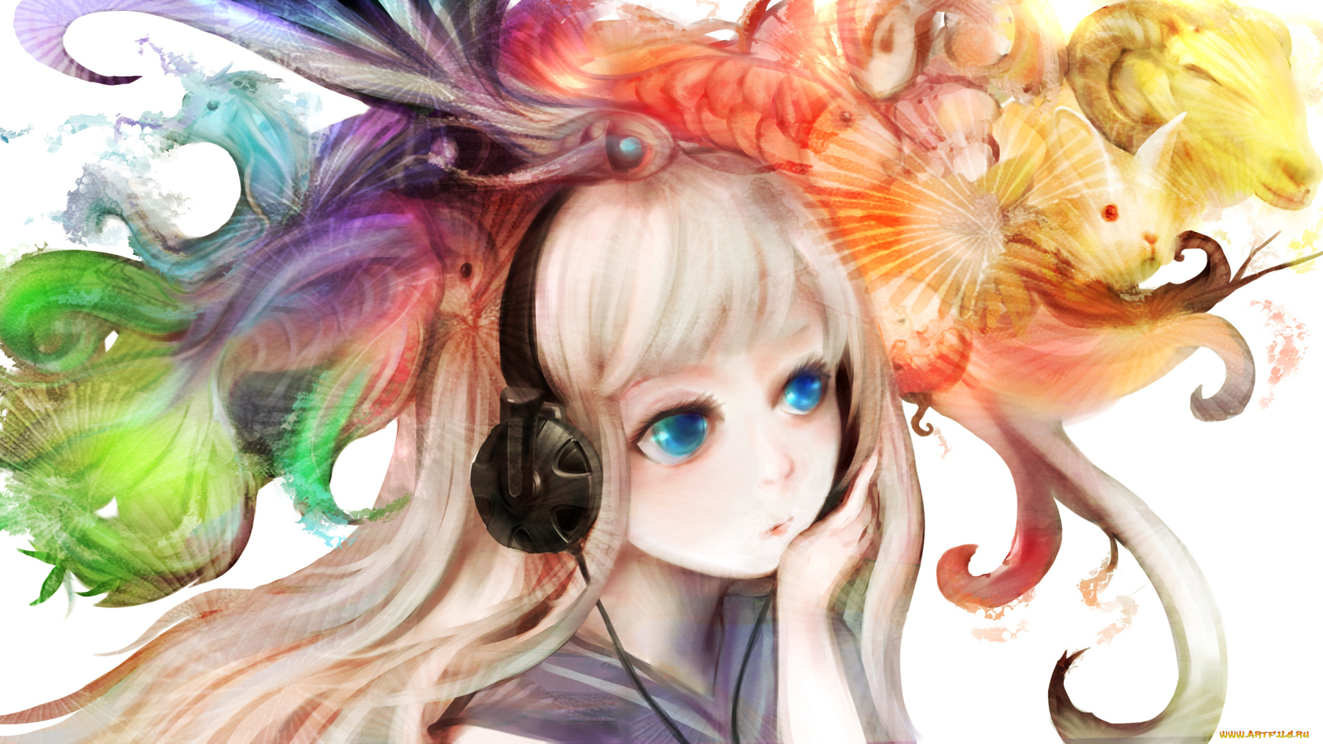аниме, музыка, звери, краски, девушка, наушники, zhang, xiao, bo, арт