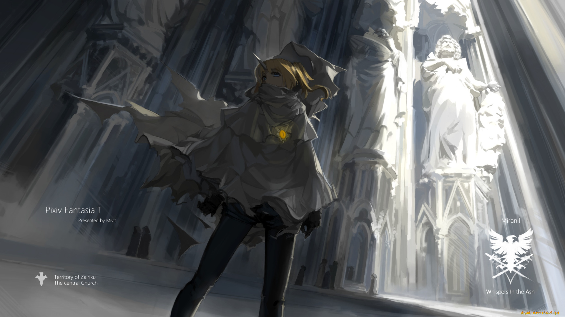 аниме, pixiv, fantasia, арт, pixiv, fantasia, плащь, девушка, статуи, mivit