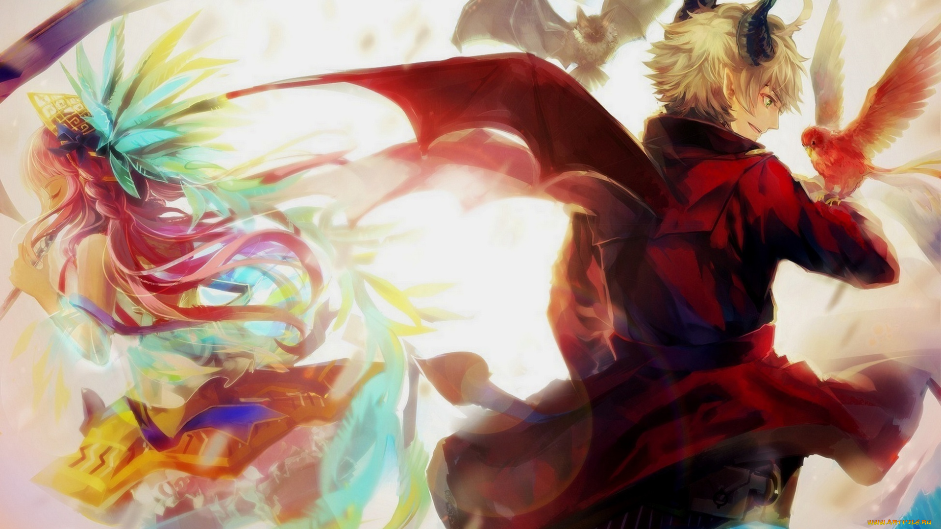 аниме, pixiv, fantasia, pixiv, fantasia, парень, lulu, season, птица, девушка, рога, летучая, мышь