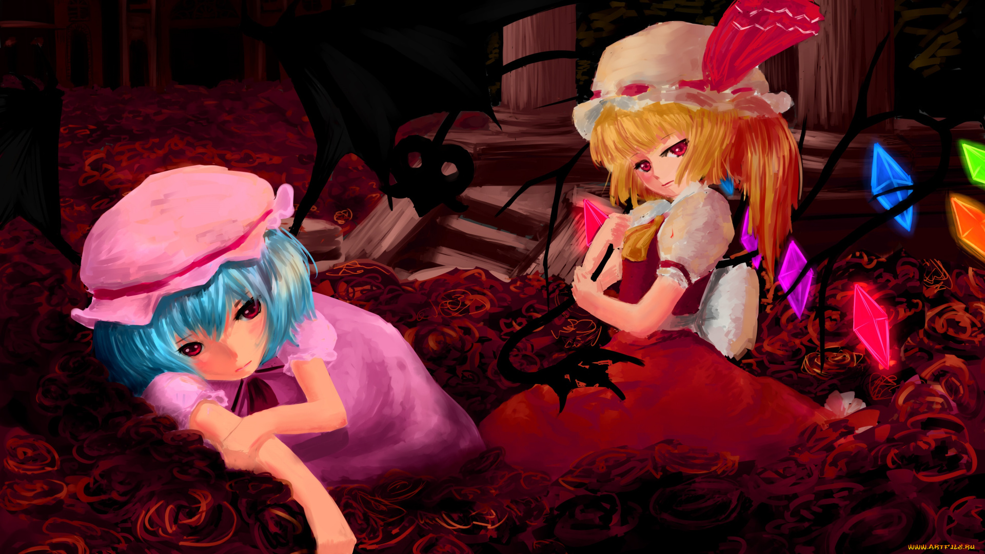 аниме, touhou, flandre, scarlet, арт, девушки, шапочки, красные, розы, remilia