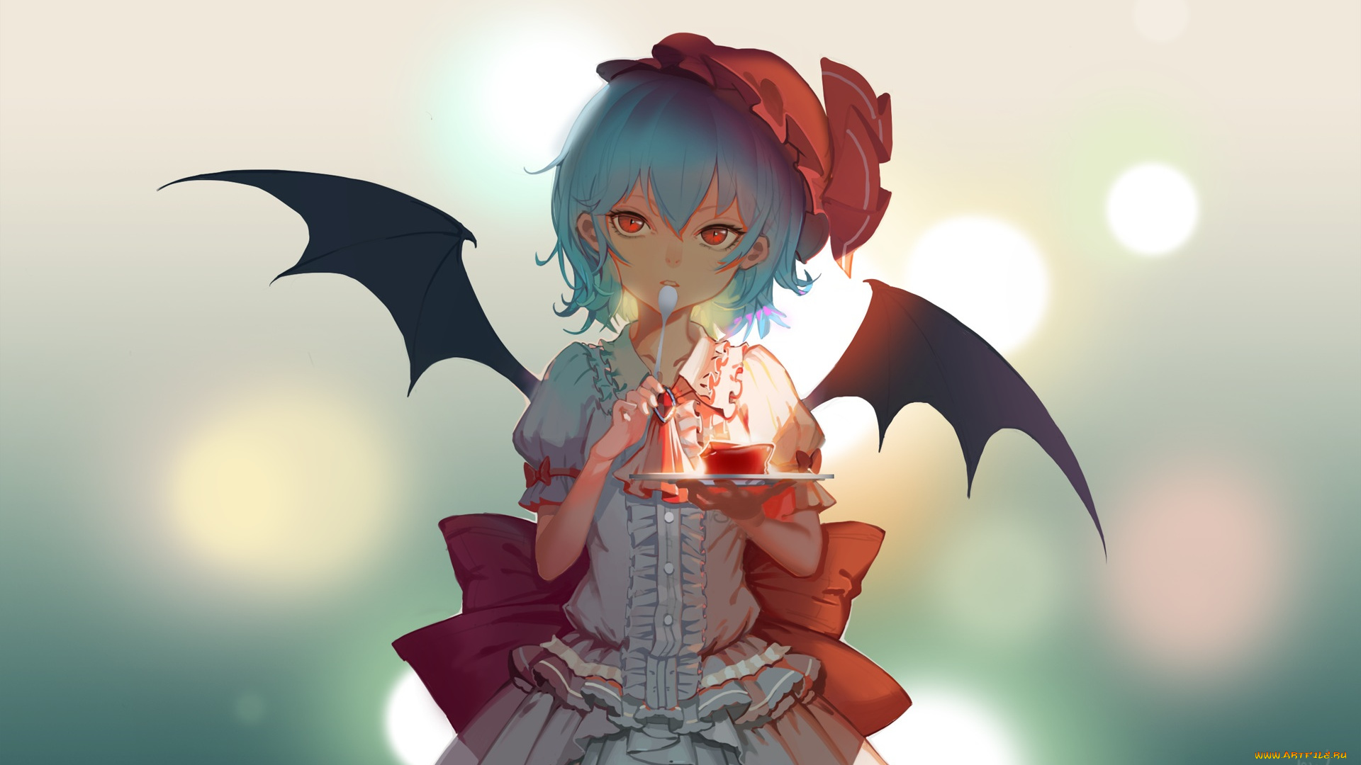 аниме, touhou, крылья, ложка, взгляд, девушка, bridow, remilia, scarlet