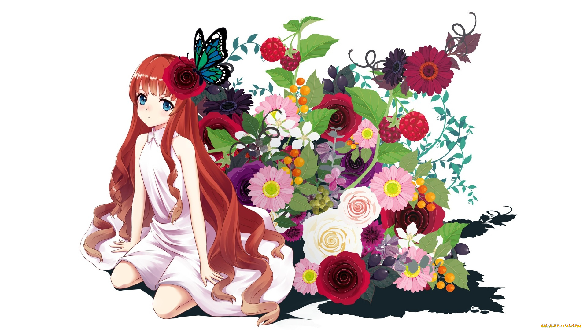 аниме, unknown, , другое, lakuhito, цветы, девушка, арт