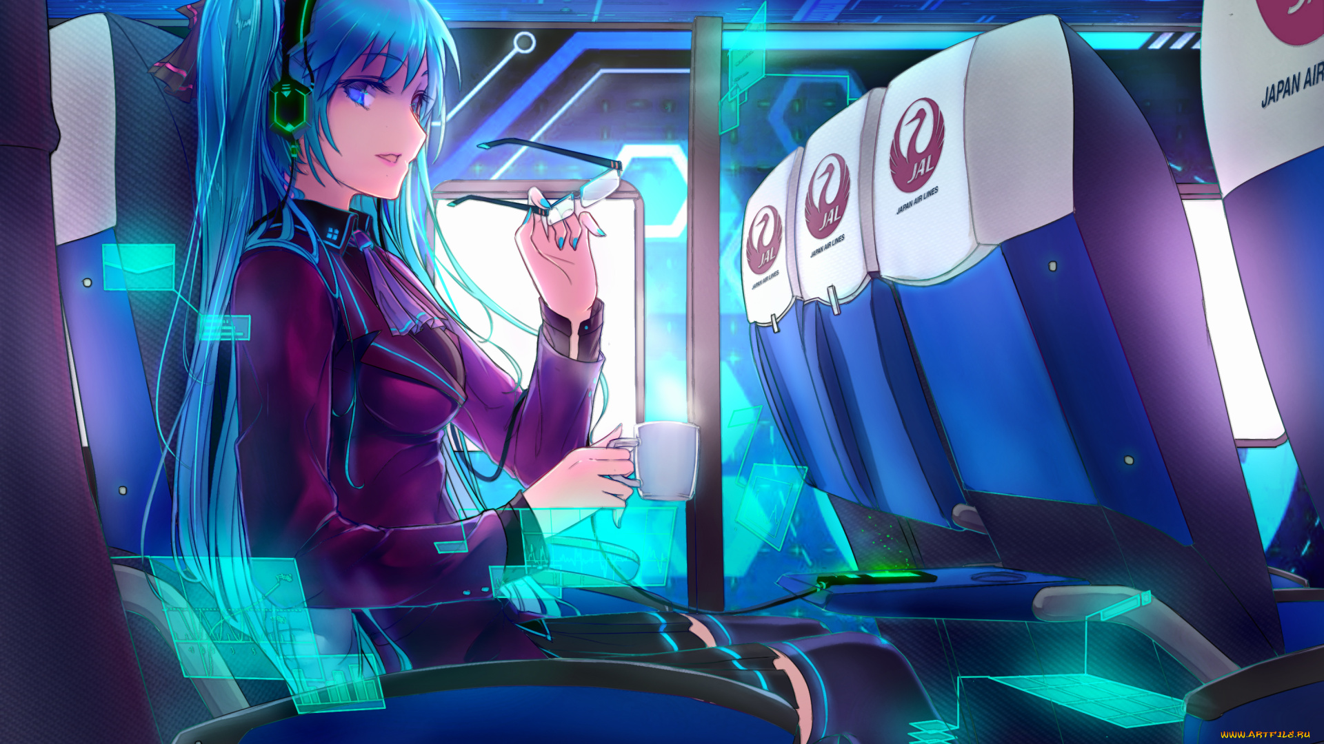 аниме, vocaloid, hatsune, miku, очки, девушка, сиденья, самолёт, арт, hourai, no, hangentsuki
