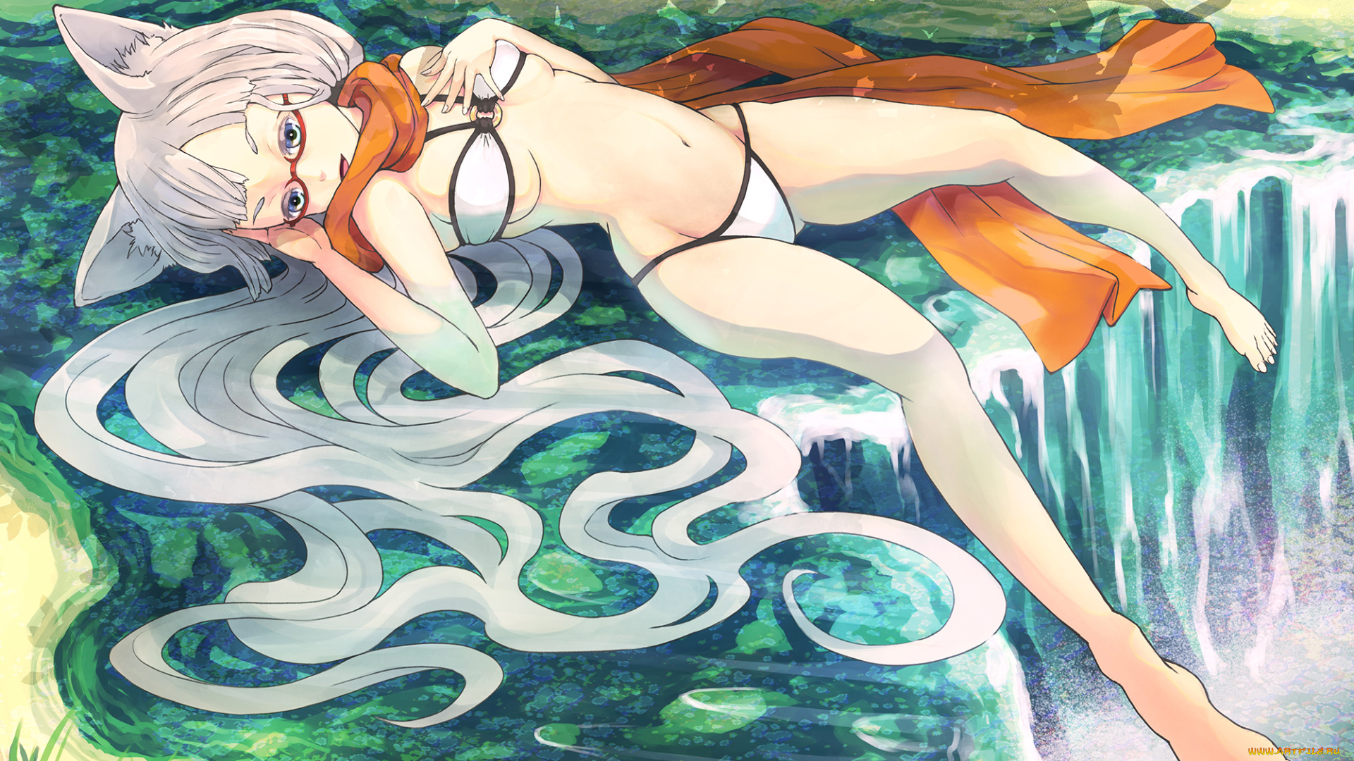 аниме, животные, , существа, лежит, девушка, minusion, водопад, арт