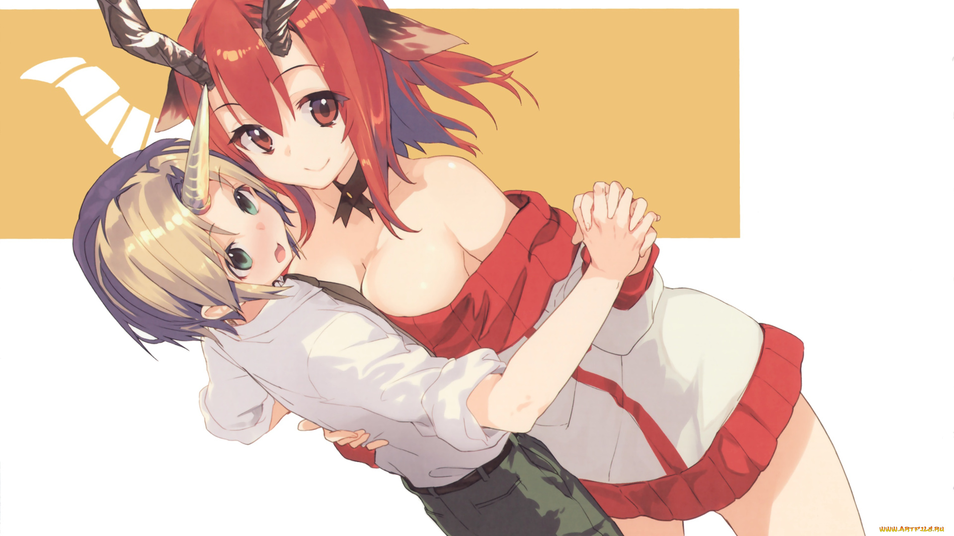 аниме, животные, , существа, рога, девушка, парень, пара, life-is-free, арт, shirabi