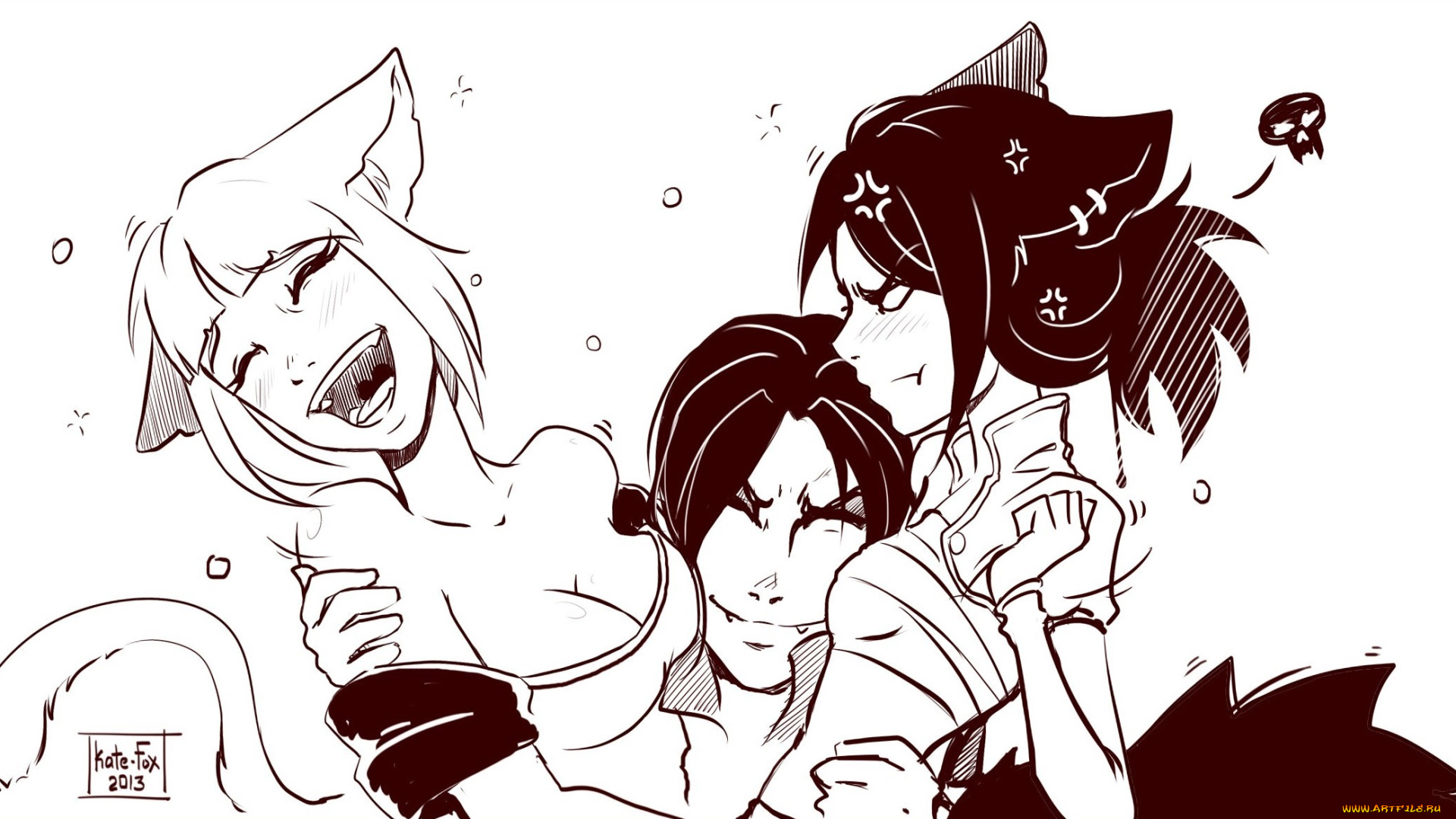 разное, арты, кошечки, белый, фон, девушки, парень, арт, ушки, кошки