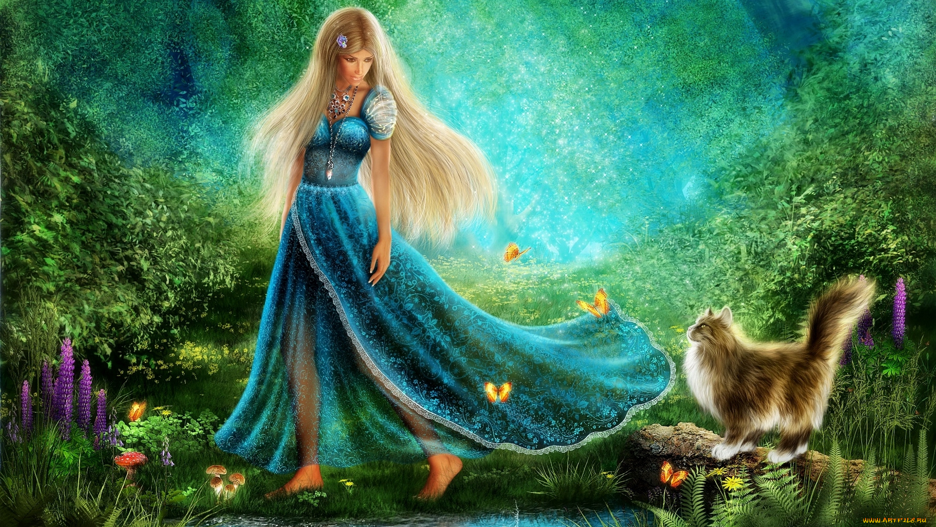 рисованное, люди, платье, бабочки, зелень, пруд, цветы, кот, девушка