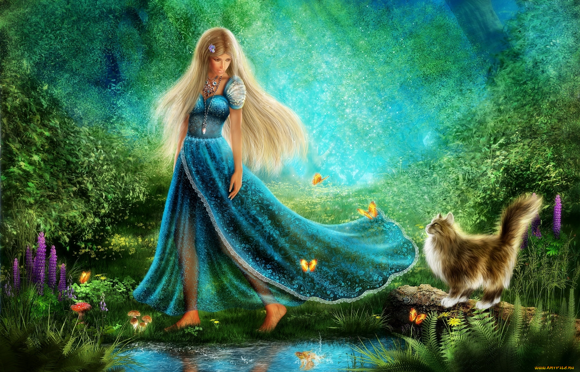 рисованное, люди, платье, бабочки, зелень, пруд, цветы, кот, девушка