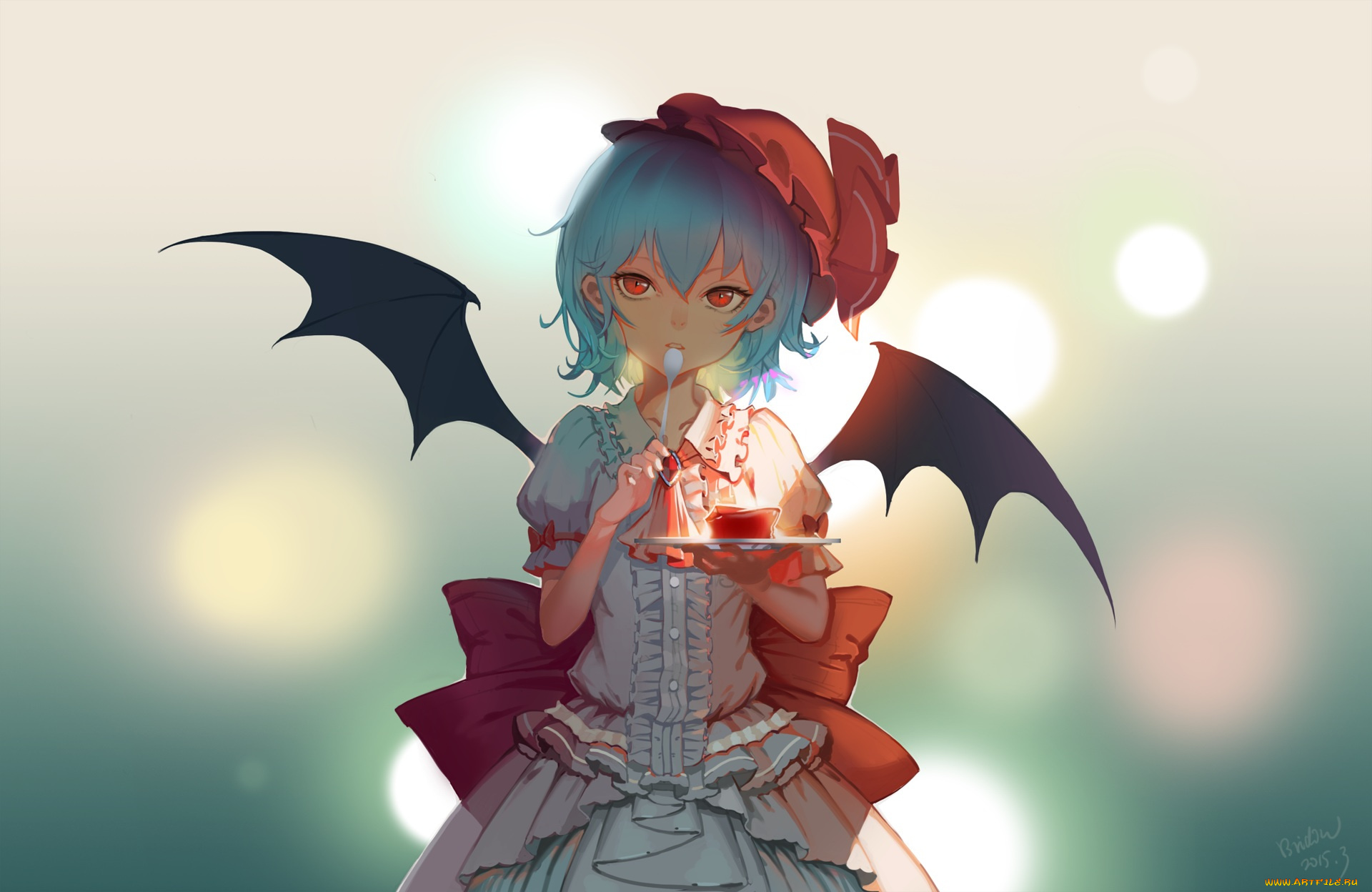 аниме, touhou, крылья, ложка, взгляд, девушка, bridow, remilia, scarlet