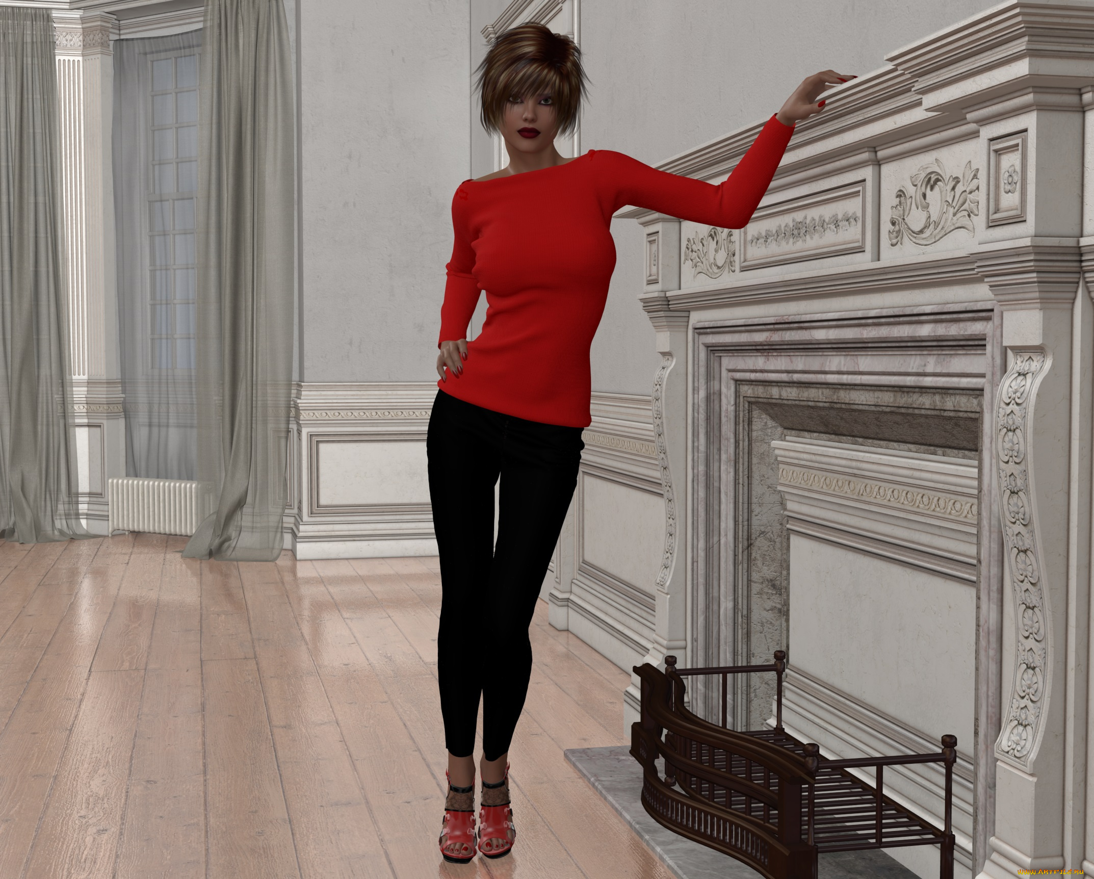 3д, графика, люди, , people, интерьер, камин, фон, взгляд, девушка