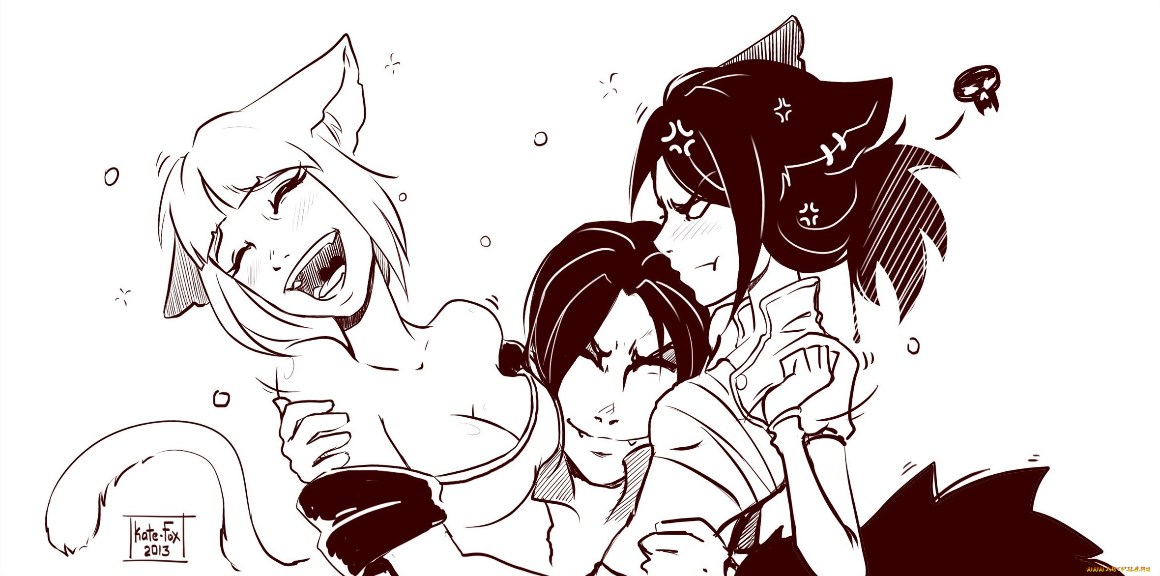 разное, арты, кошечки, белый, фон, девушки, парень, арт, ушки, кошки