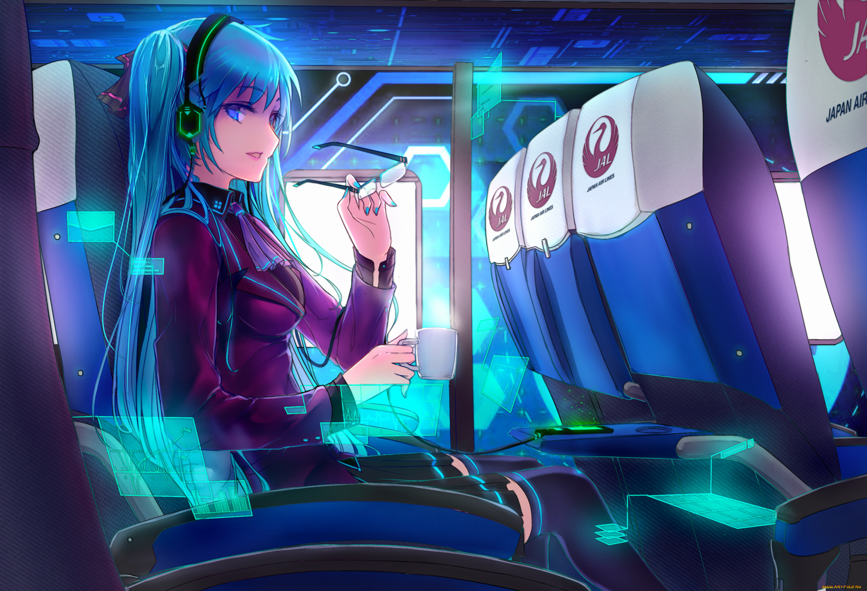 аниме, vocaloid, hatsune, miku, очки, девушка, сиденья, самолёт, арт, hourai, no, hangentsuki