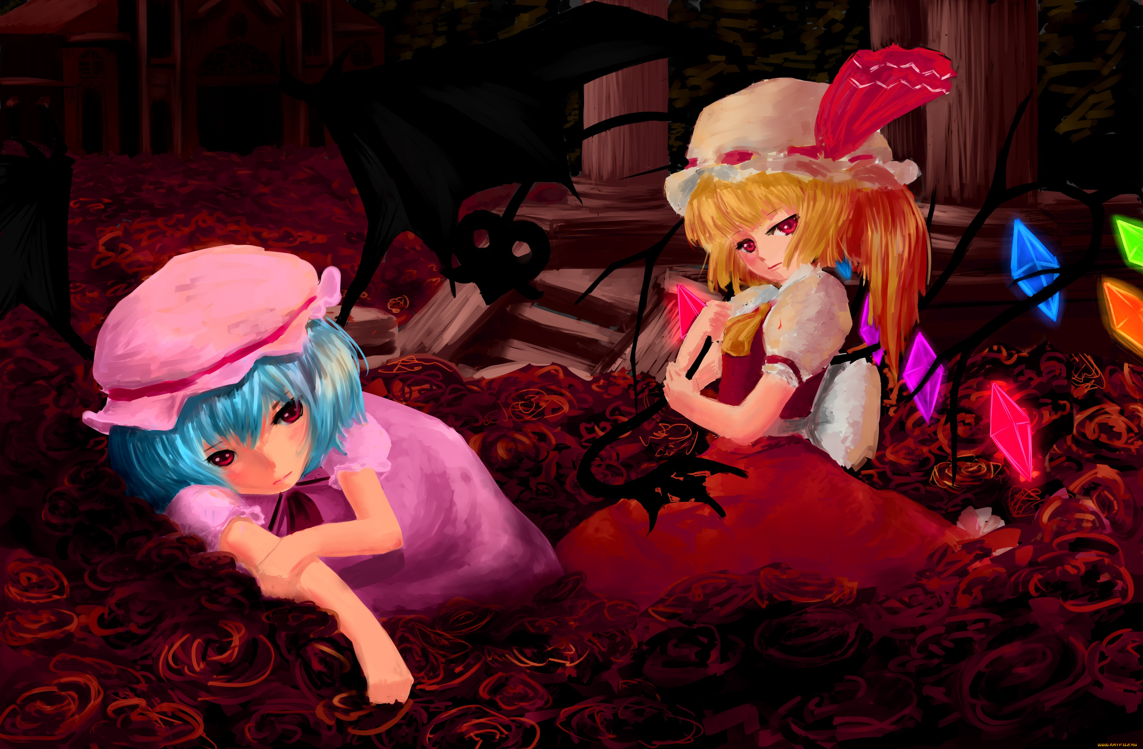 аниме, touhou, flandre, scarlet, арт, девушки, шапочки, красные, розы, remilia