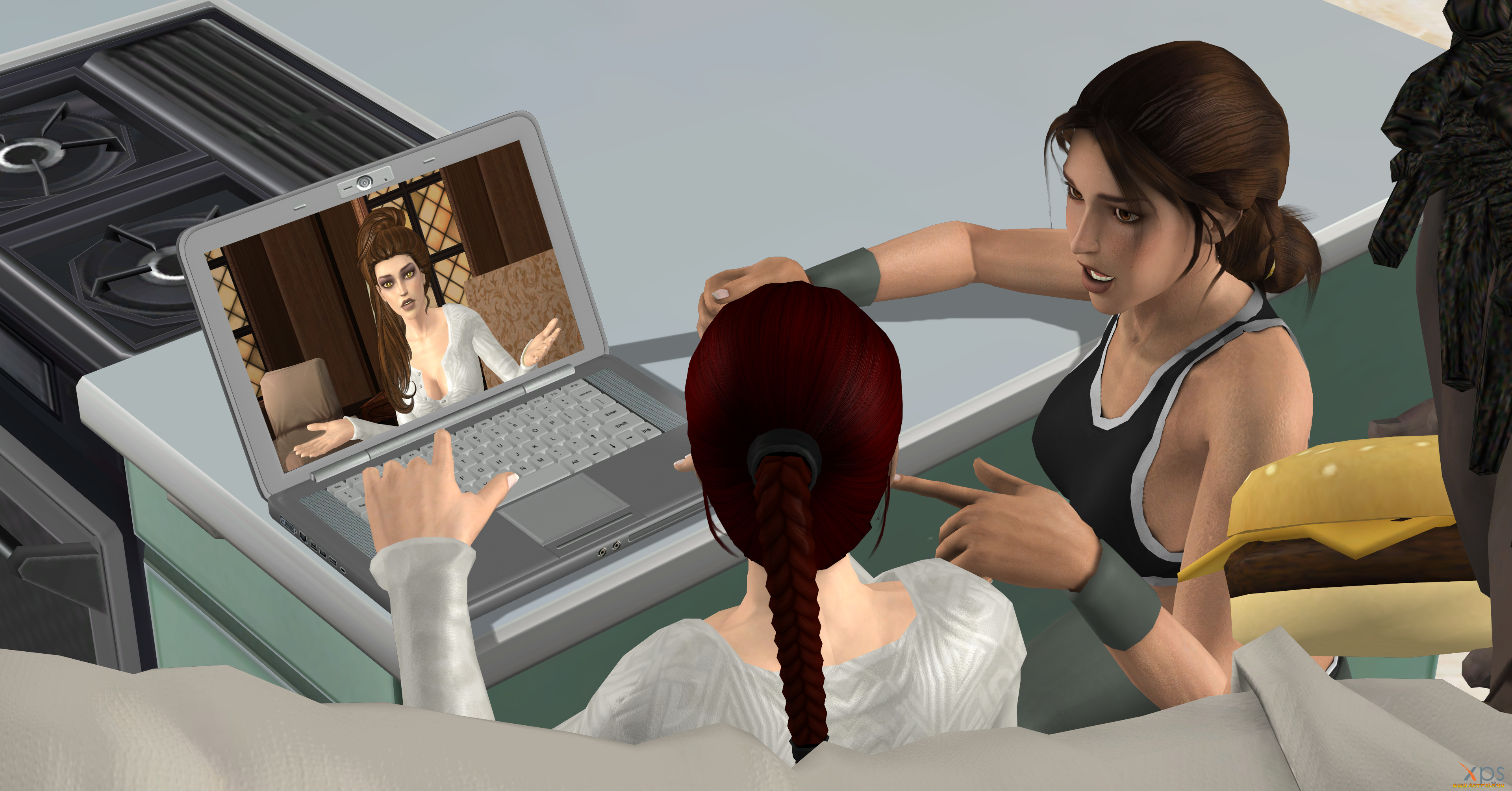 3д, графика, люди, , people, взгляд, девушки, ноитбук, фон