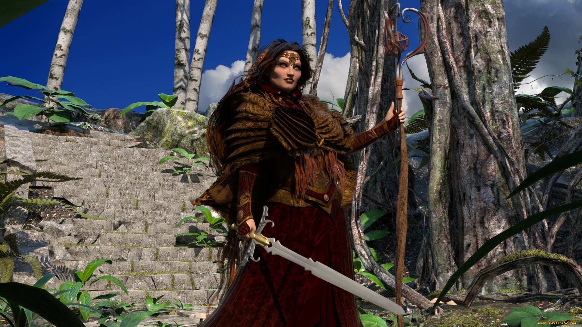 3д, графика, амазонки, , amazon, девушка, взгляд, фон, оружие