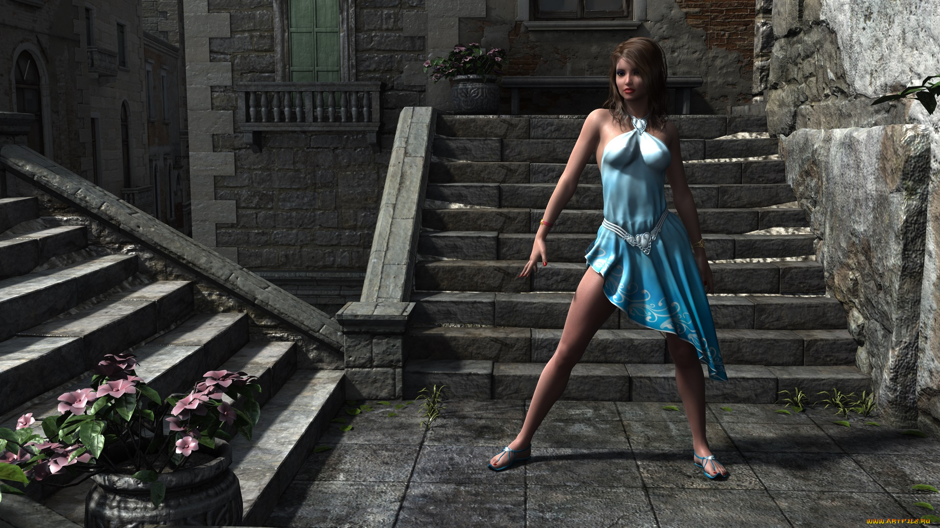 3д, графика, люди, , people, девушка, взгляд, фон, лестница