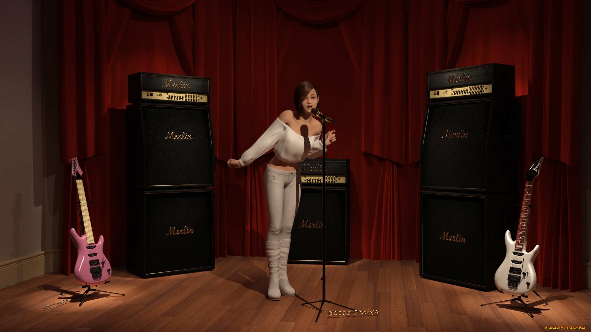 3д, графика, люди, , people, девушка, взгляд, фон, гитара, микрофон